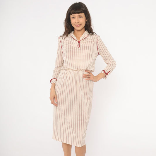 80s Striped Blouson Dress Cream Burgundy Keyhole Neckline Knee Length Small S
