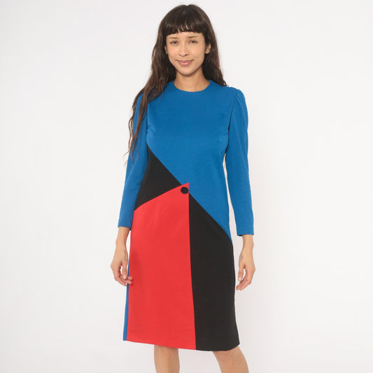 80s Leslie Fay Color Block Dress Cobalt Blue Red Black Geometric Knee Length Small S