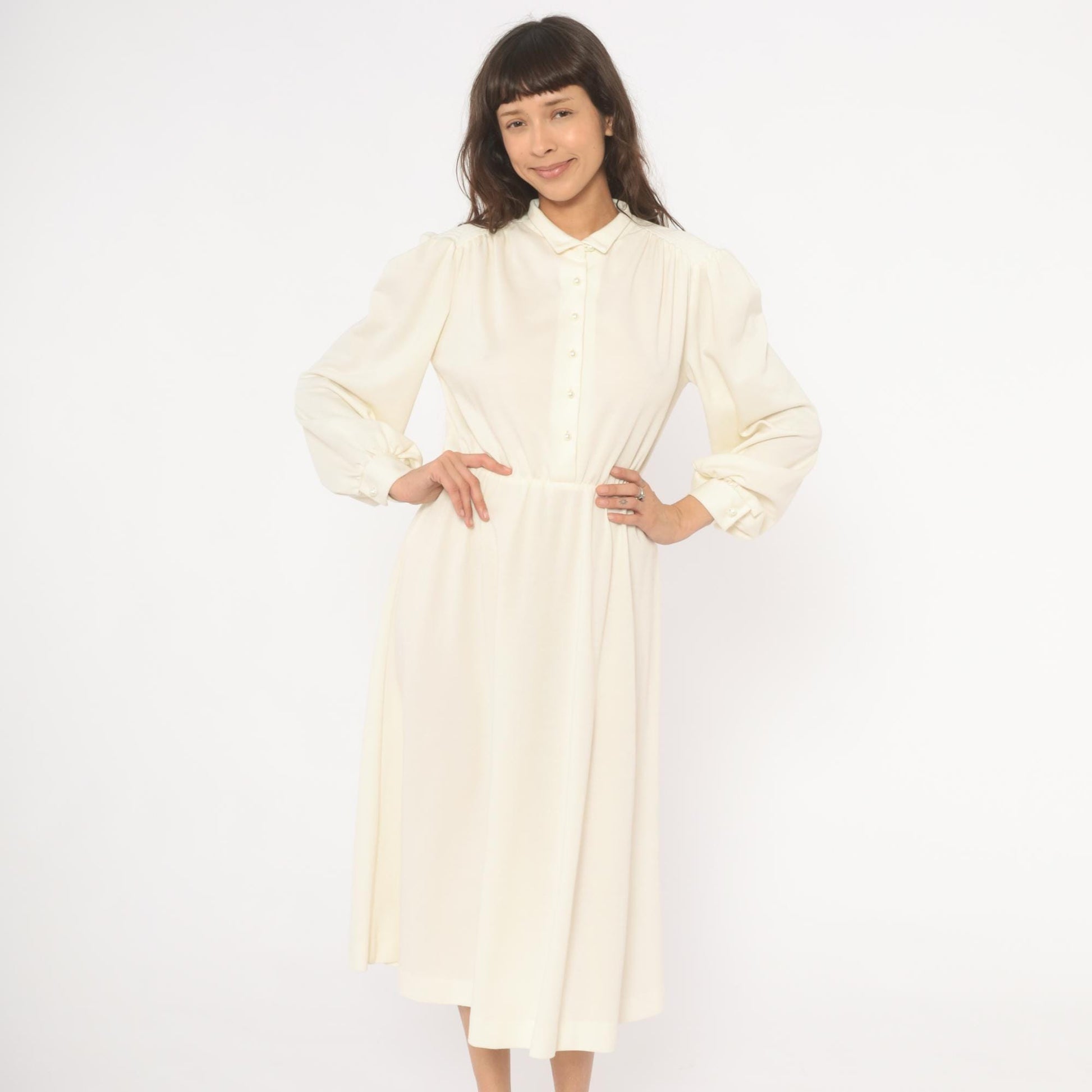 80s Sunshine Starshine Cream Puff Sleeve Midi Dress Pearl Buttons Wool Large L