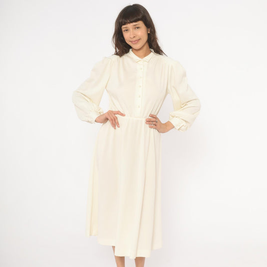 80s Sunshine Starshine Cream Puff Sleeve Midi Dress Pearl Buttons Wool Large L