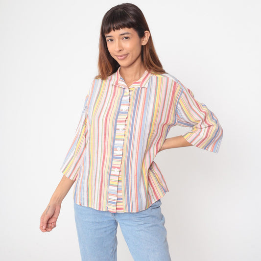 80s Lady Manhattan Rainbow Stripe Button Blouse Multicolor Cotton Medium M