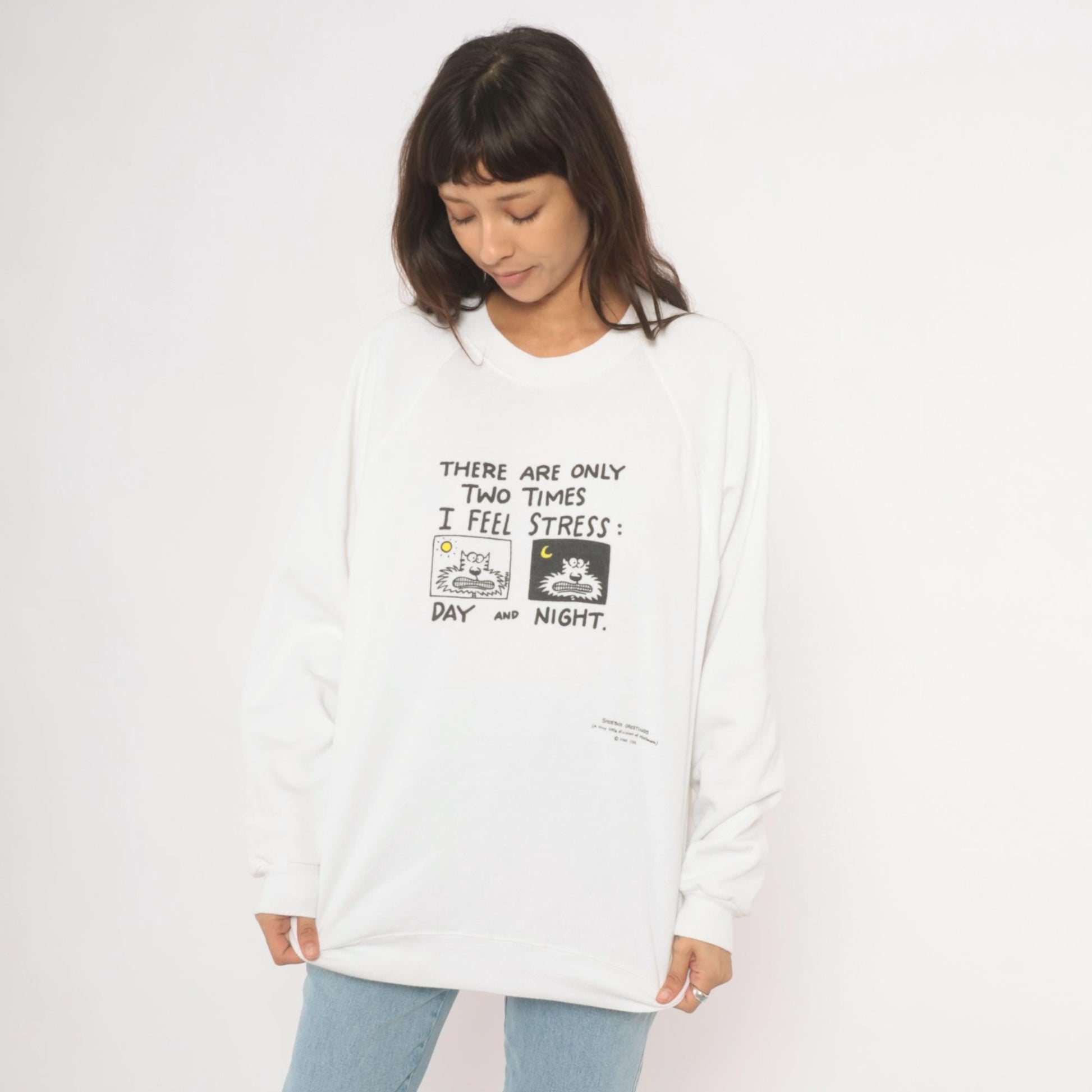 90s Shoebox Greetings Stress Day And Night Cat Sweatshirt White Raglan Extra Large