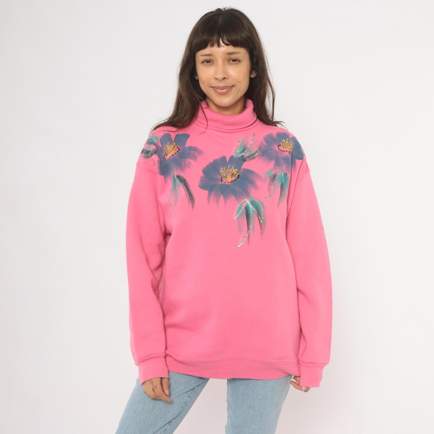 90s Tultex Pink Turtleneck Sweatshirt Floral Hand-Painted Glitter Extra Large XL