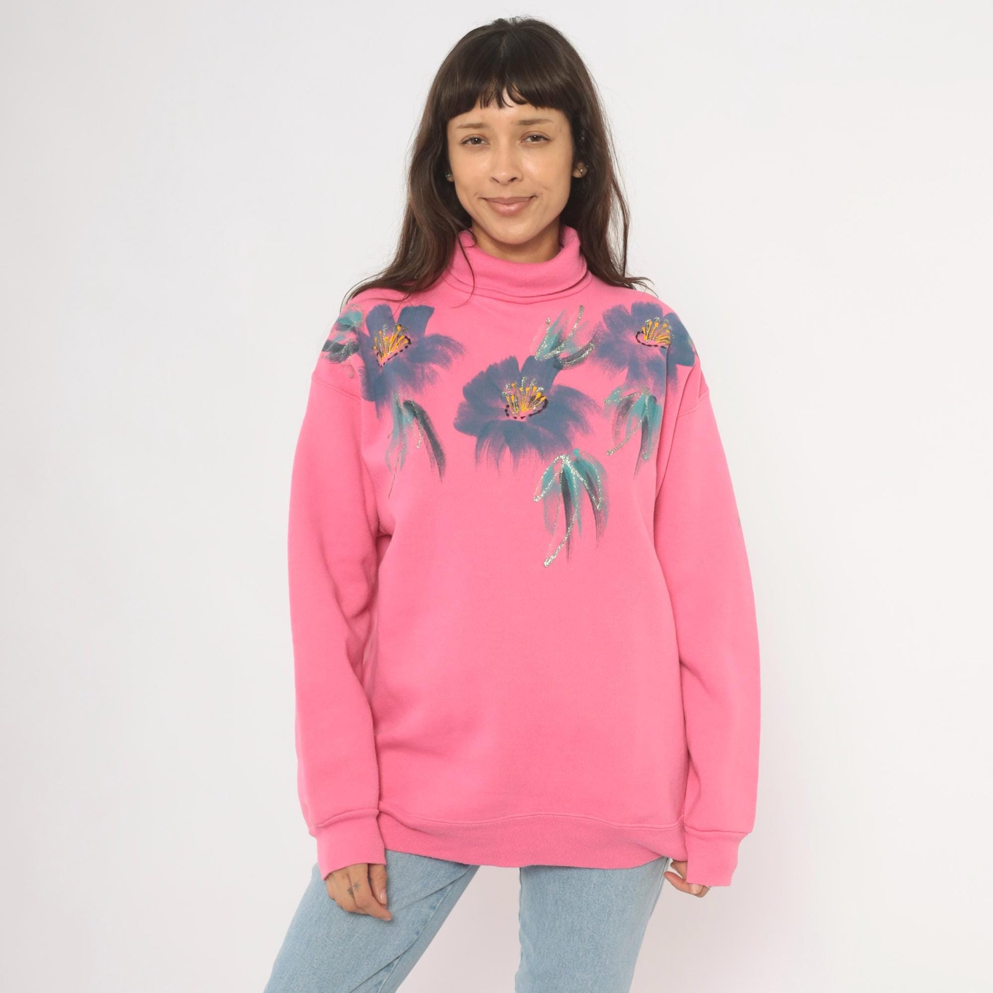 90s Tultex Pink Turtleneck Sweatshirt Floral Hand-Painted Glitter Extra Large XL