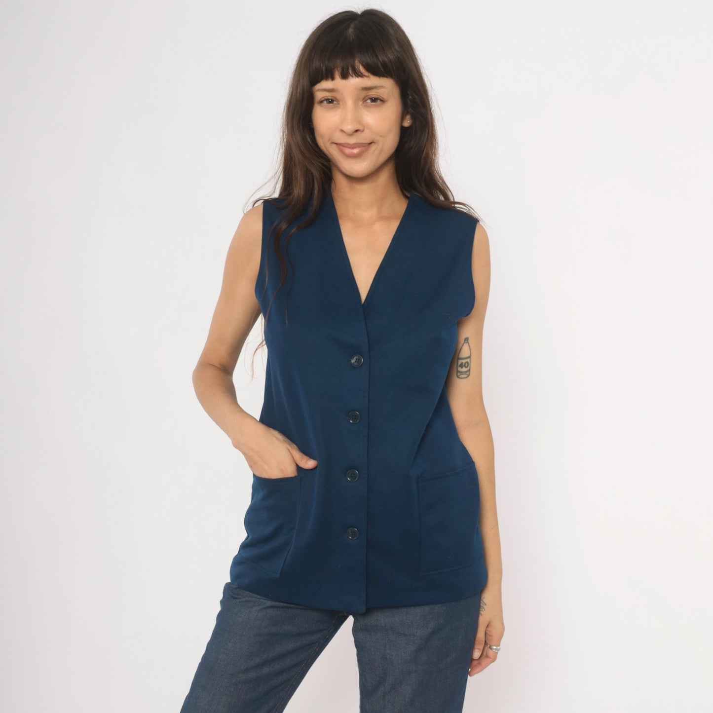 70s Navy Button Front Vest V Neck Longline Knit Top Medium M