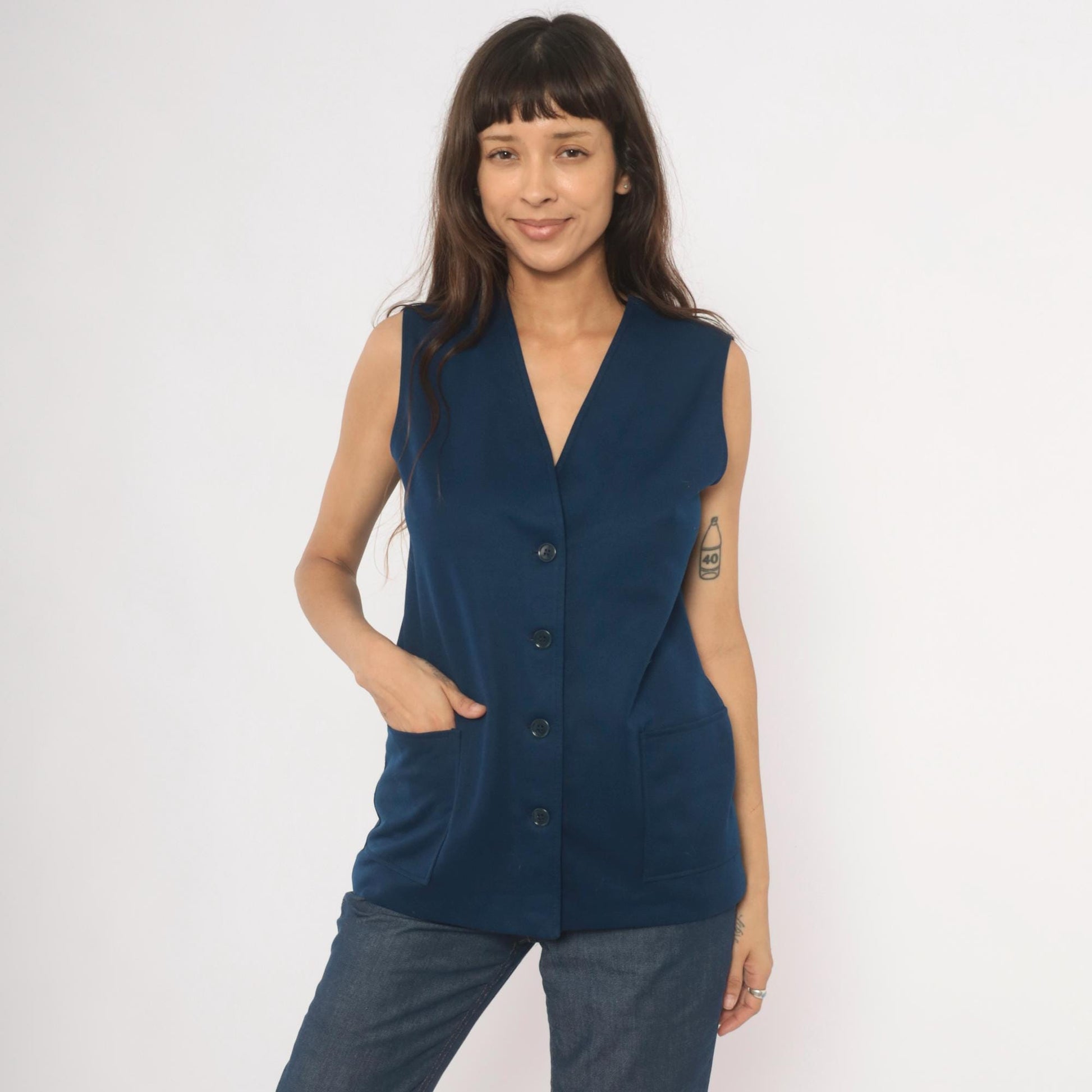 70s Navy Button Front Vest V Neck Longline Knit Top Medium M
