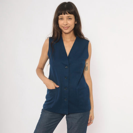 70s Navy Button Front Vest V Neck Longline Knit Top Medium M