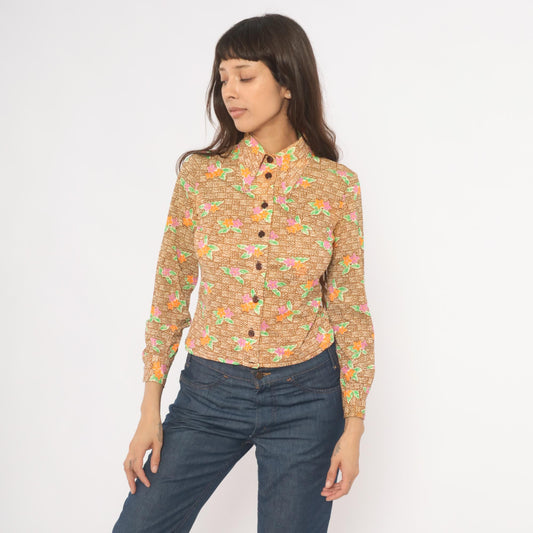 70s Floral Button-Up Blouse Pointed Collar Brown Pink Orange Green Small