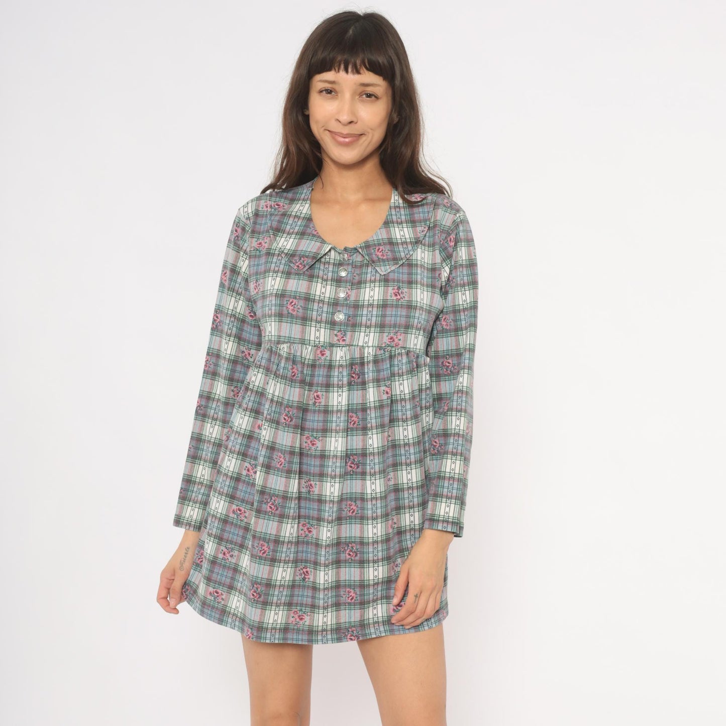 90s New Addition Maternity Floral Plaid Mini Dress Peter Pan Collar Pink Medium M