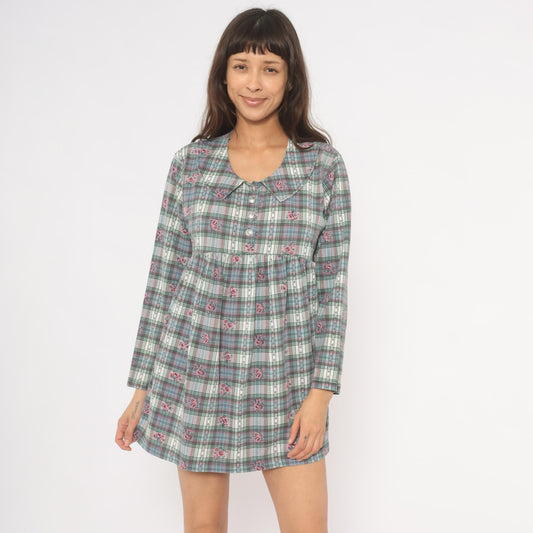 90s New Addition Maternity Floral Plaid Mini Dress Peter Pan Collar Pink Medium M