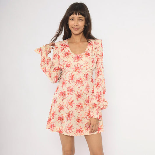 70s Cream Pink Floral Mini Dress Ruffle Collar Bell Sleeve Tie Waist Medium