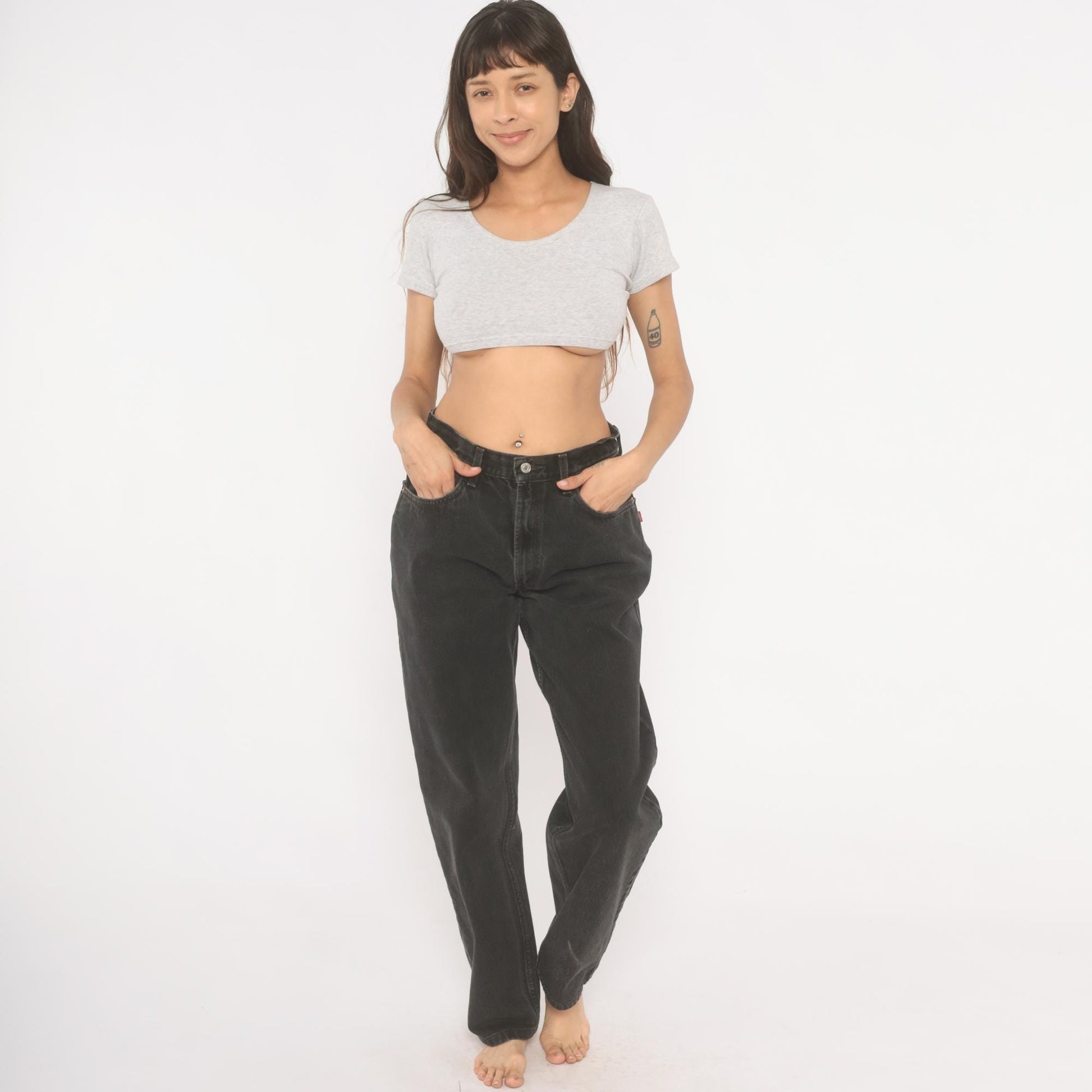 2000s Levi's 550 Faded Black High-Waisted Straight Leg Jeans 33 34