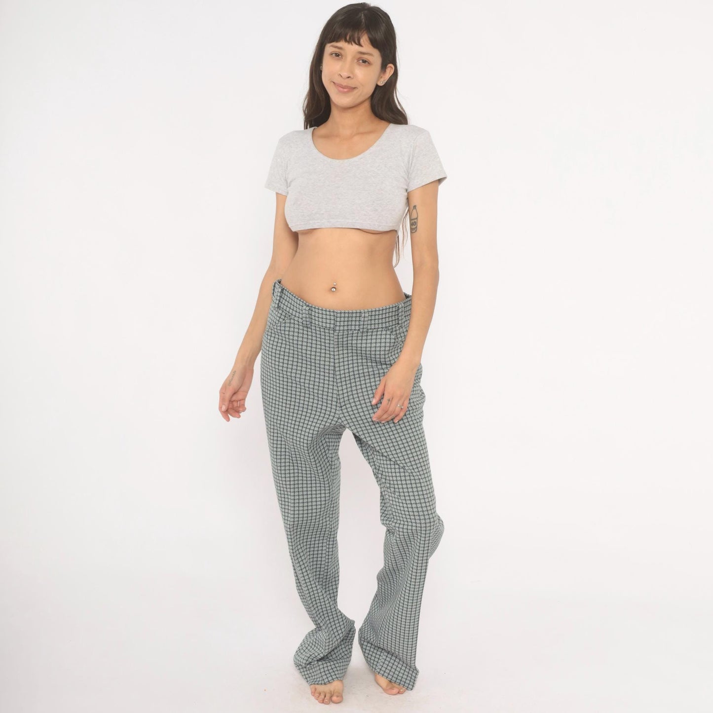 70s Houndstooth Trousers Blue Grey High Rise Straight Leg Slacks 35