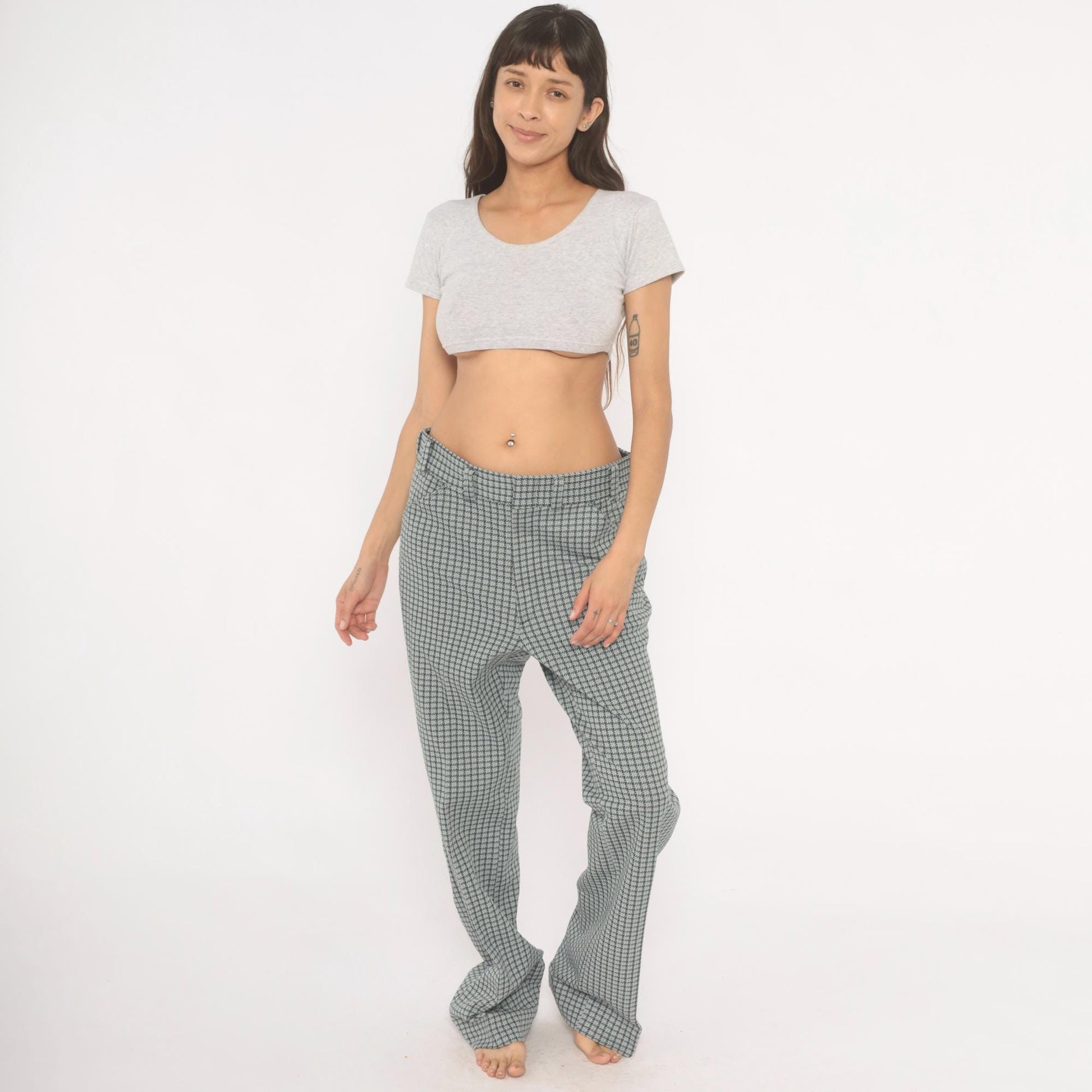 70s Houndstooth Trousers Blue Grey High Rise Straight Leg Slacks 35
