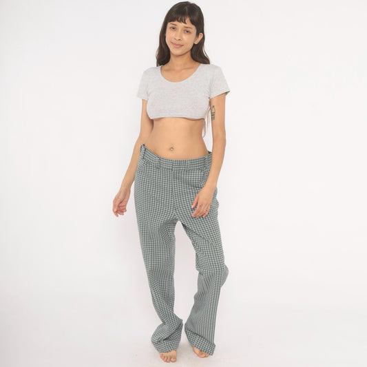 70s Houndstooth Trousers Blue Grey High Rise Straight Leg Slacks 35