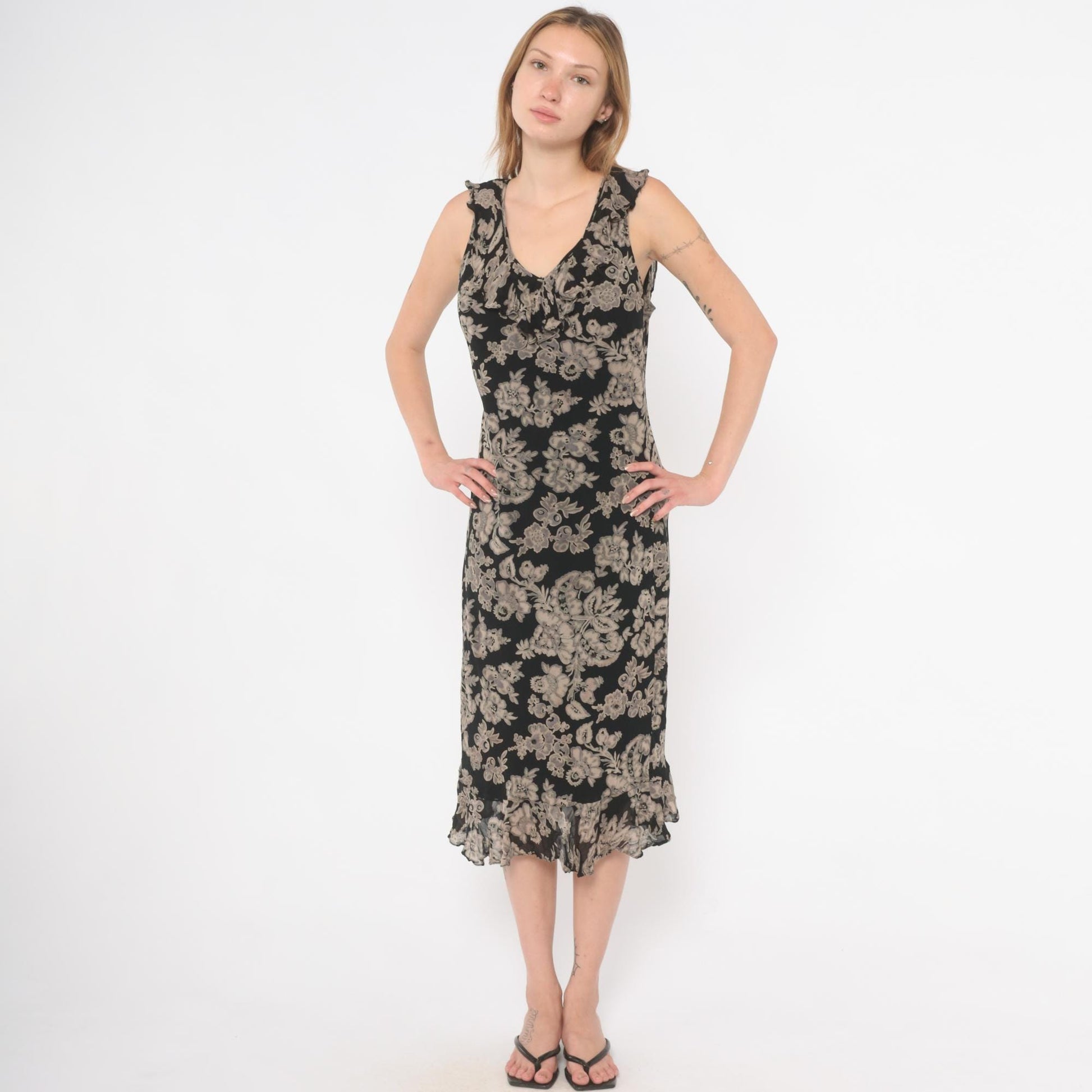 90s Black Grey Floral Midi Dress V-Neck Ruffle Chiffon Medium M