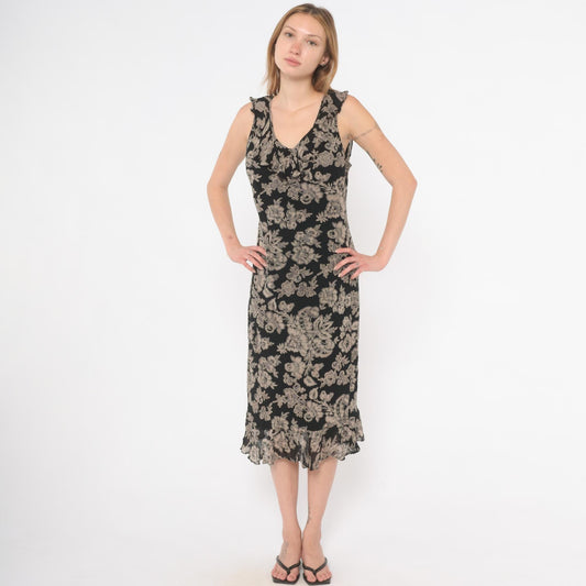 90s Black Grey Floral Midi Dress V-Neck Ruffle Chiffon Medium M