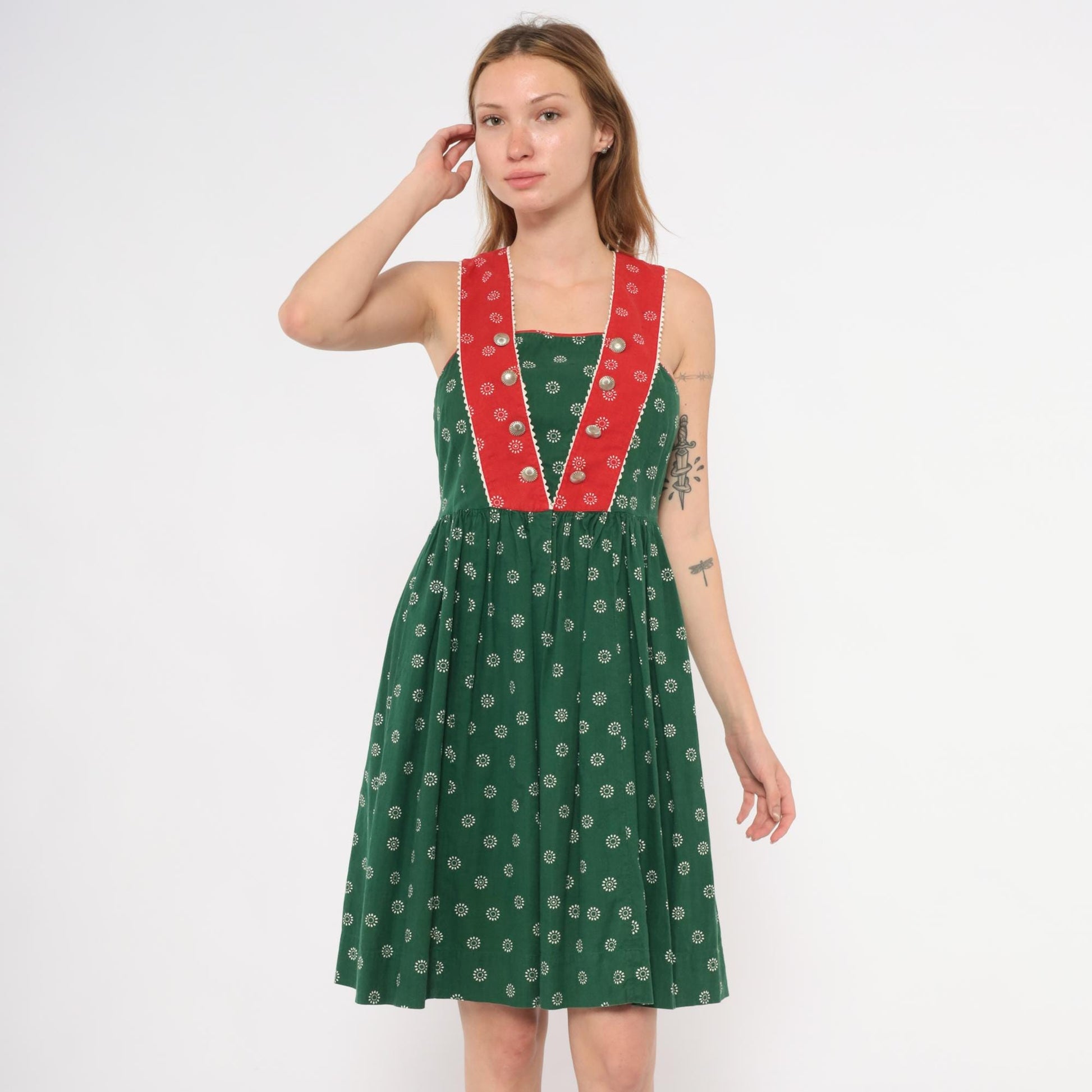 60s Muchner Kindermoden Dirndl Dress Green Floral Red Bodice Square Neck Extra Small