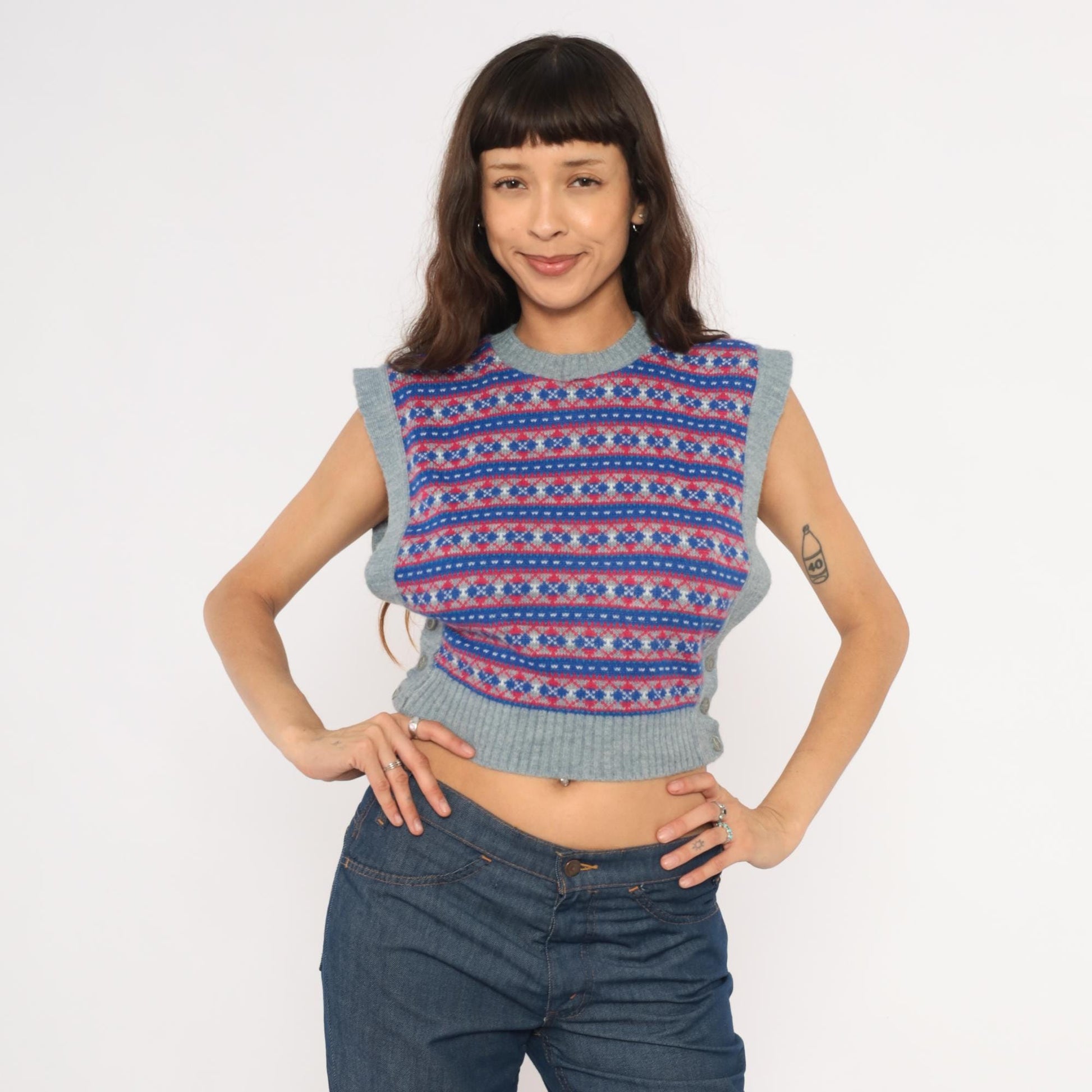 80s Fair Isle Sweater Vest Grey Blue Red Geometric Knit Cropped Extra Small XS