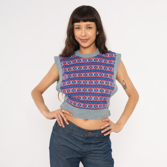 80s Fair Isle Sweater Vest Grey Blue Red Geometric Knit Cropped Extra Small XS