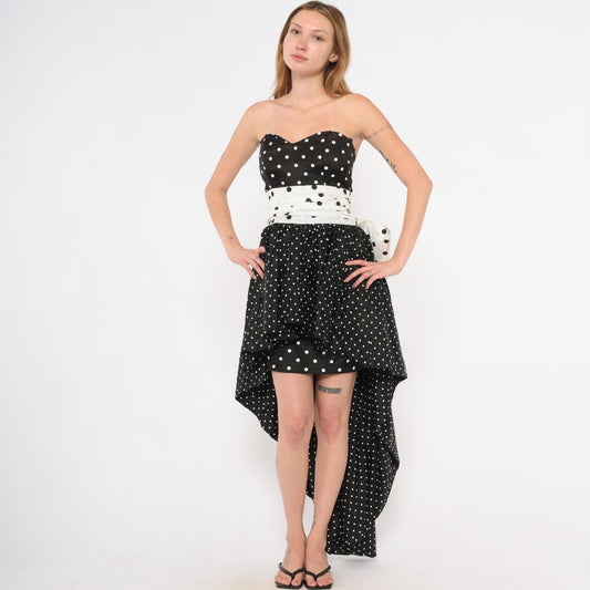 80s Jessica McClintock Gunne Sax Polka Dot Strapless Gown Black White Extra Small XS