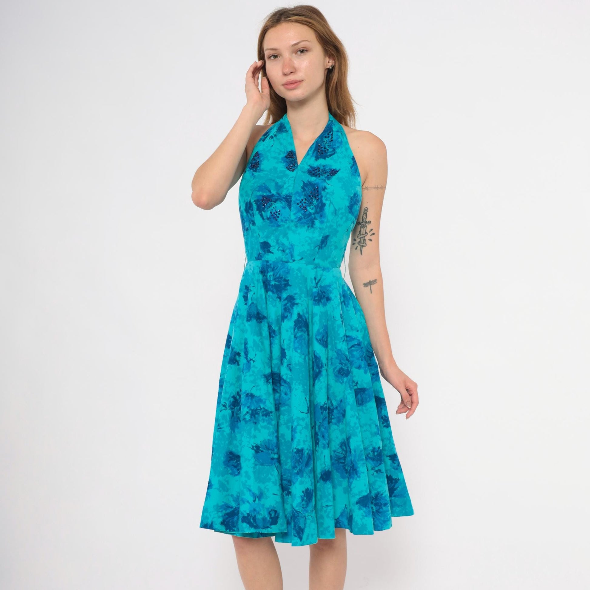 1950s Makoff Halter Dress Turquoise Floral Rhinestone Pleated Circle Skirt Extra Small XS