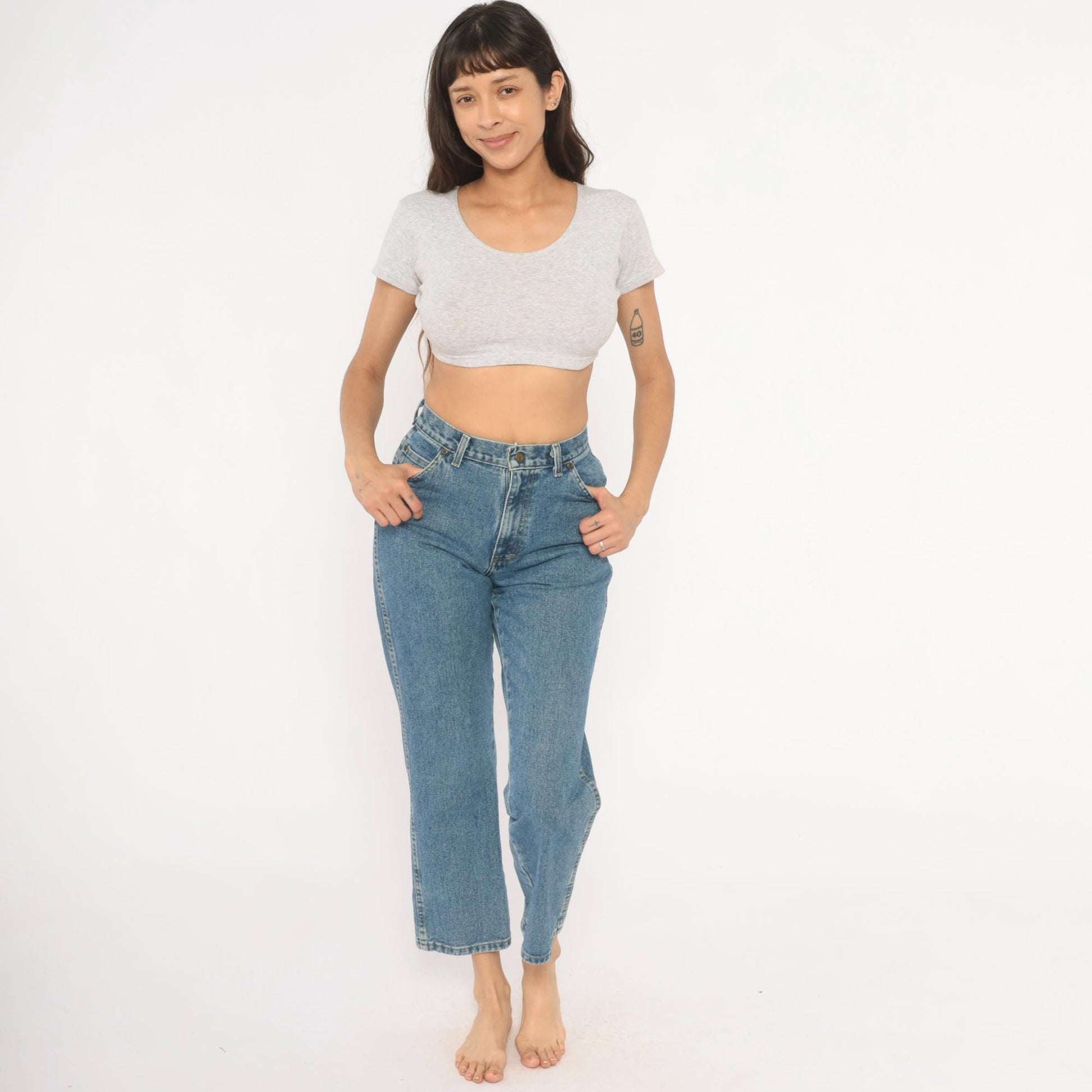 Wrangler Cropped High Rise Straight Leg Jeans Medium Stonewash Blue 00s