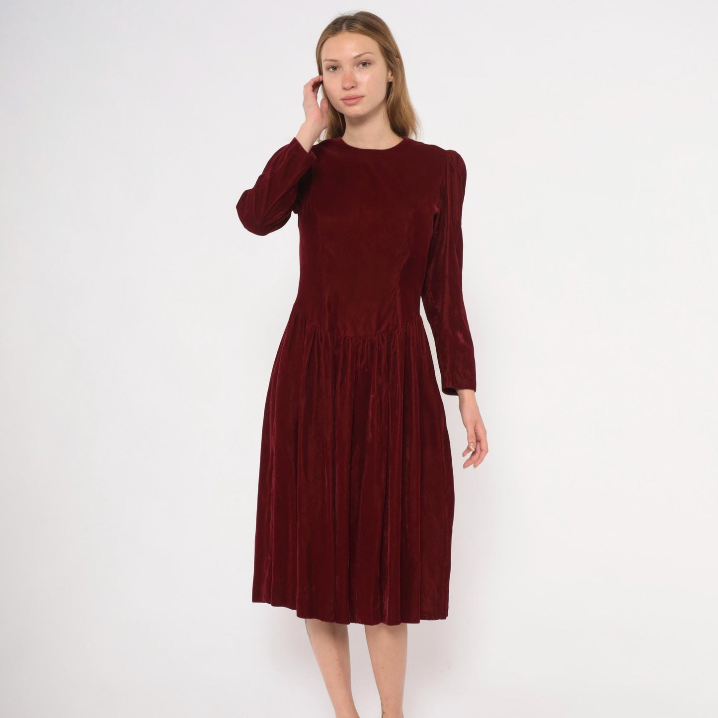 70s Burgundy Velvet Midi Dress Puff Sleeve Fitted Waist Small