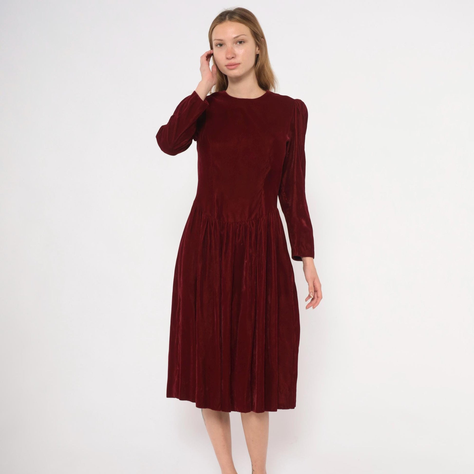 70s Burgundy Velvet Midi Dress Puff Sleeve Fitted Waist Small