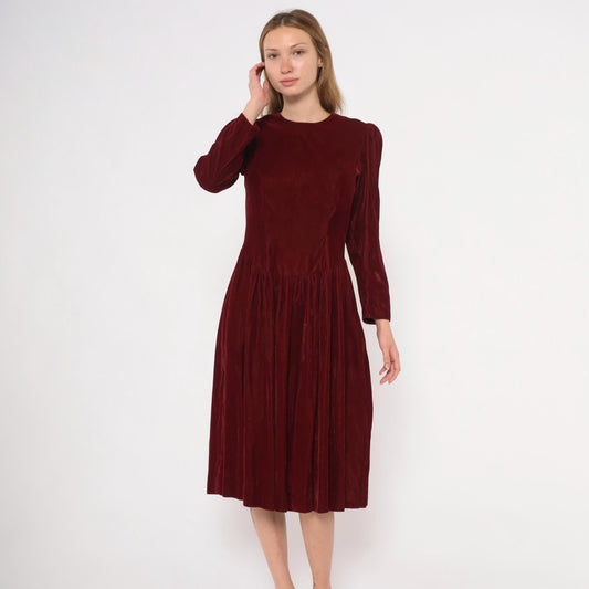 70s Burgundy Velvet Midi Dress Puff Sleeve Fitted Waist Small