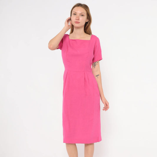 80s Fuchsia Linen Cotton Sheath Dress Square Neckline Pleated Waist Small S
