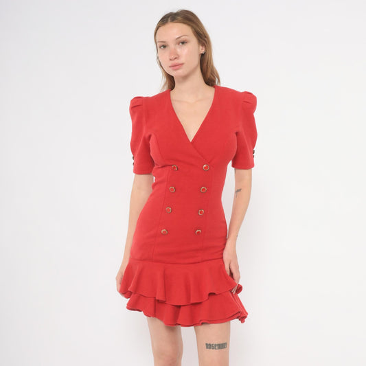 80s All That Jazz Red Mini Dress Double Breasted Puff Sleeve V Neck Gold Ruffle Extra Small XS