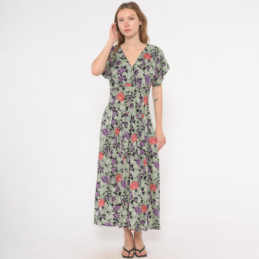 90s All That Jazz Floral Maxi Dress Purple Black Surplice V-Neck Medium M
