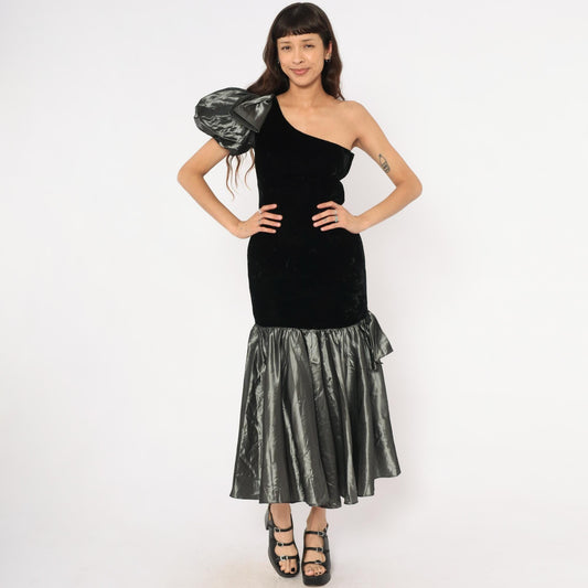80s Alyce Designs One-Shoulder Velvet Gown Black Mermaid Hem Puff Sleeve Extra Small XS