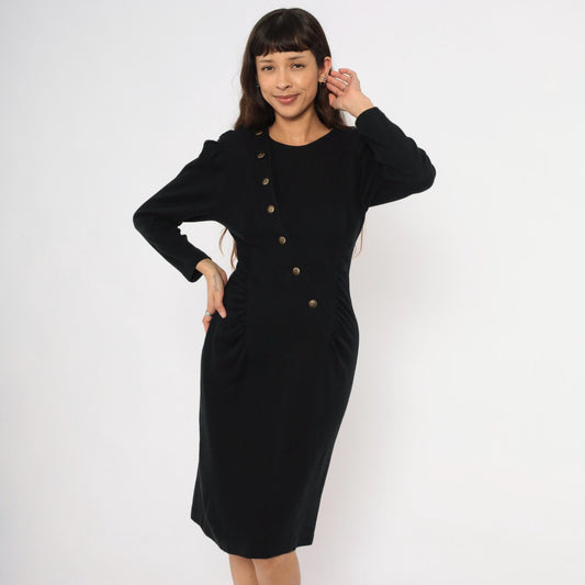 80s All That Jazz Black Puff Sleeve Dress Gold Buttons Ruched Waist Small S