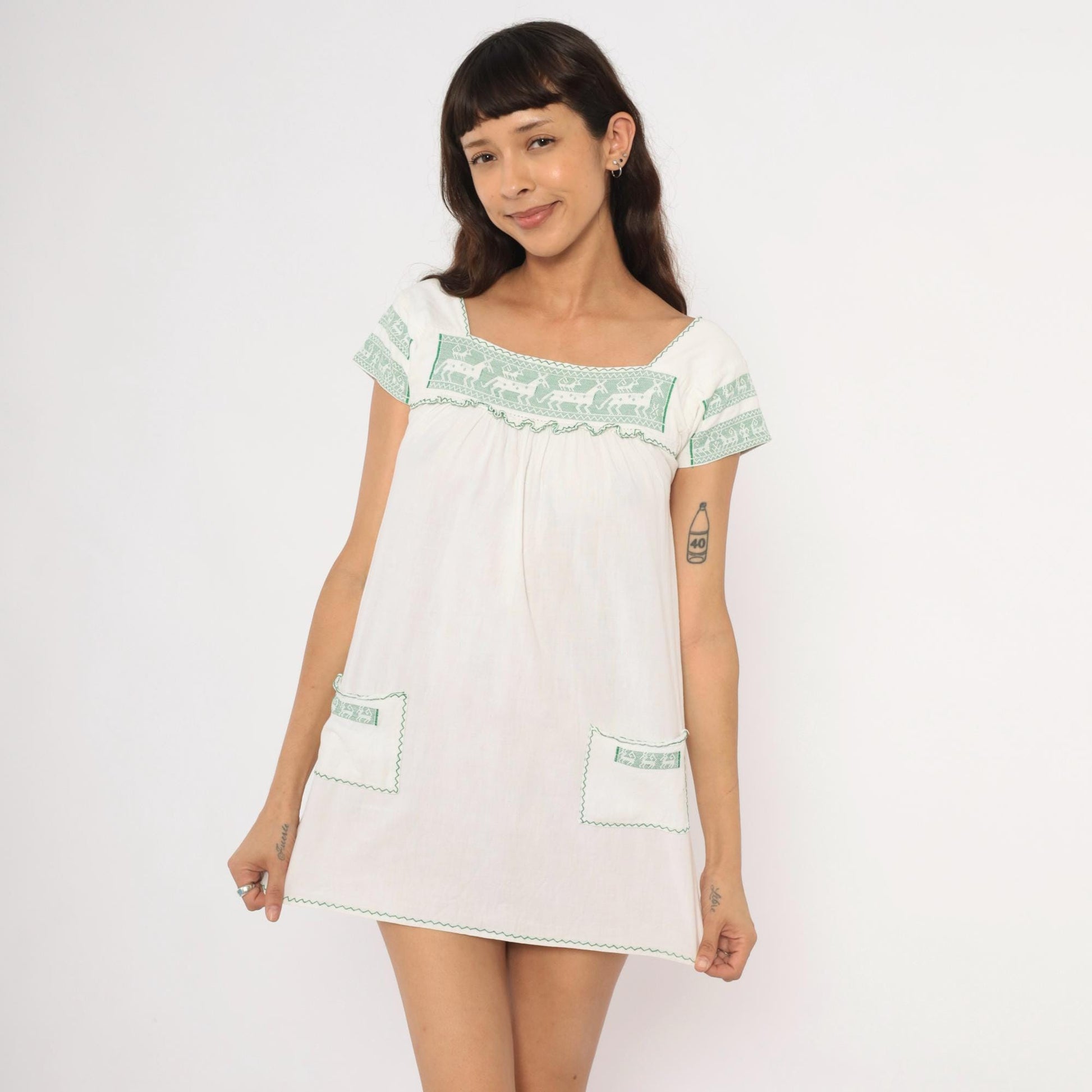 80s White Green Embroidered Deer Mini Dress Cotton Puff Sleeve Square Neck Extra Small XS