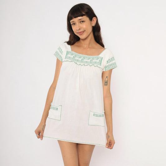 80s White Green Embroidered Deer Mini Dress Cotton Puff Sleeve Square Neck Extra Small XS
