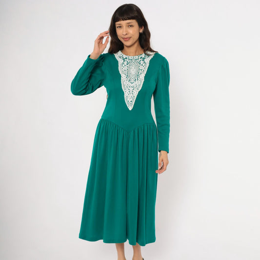 80s Expo Teal Midi Dress Lace Bib Puff Sleeve Fitted Bodice Medium M