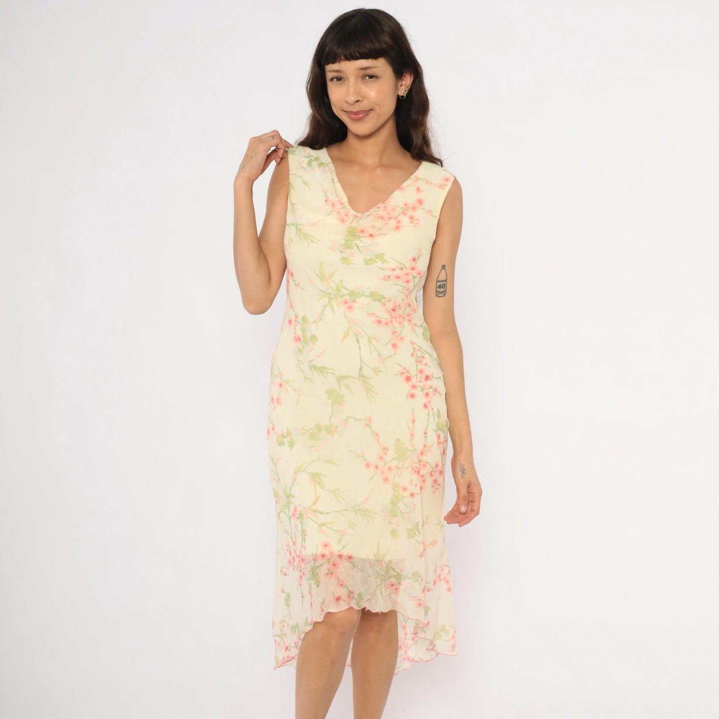 90s City Triangles Cherry Blossom Chiffon Dress Pink Cream Medium M