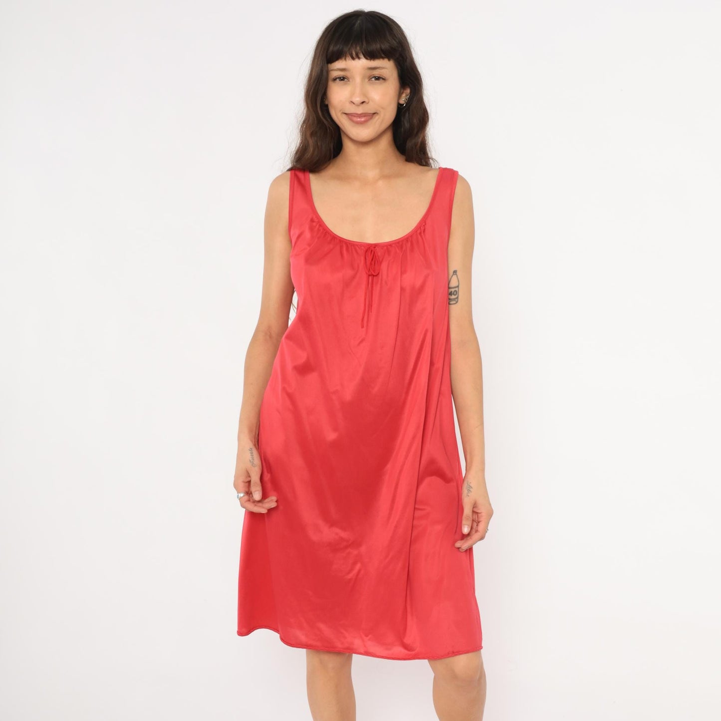 80s Eve Moral Red Satin Nightgown Scoop Neck Knee Length Medium M