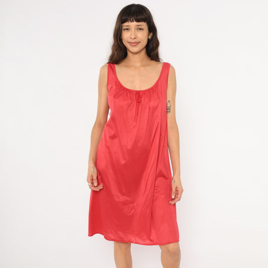 80s Eve Moral Red Satin Nightgown Scoop Neck Knee Length Medium M