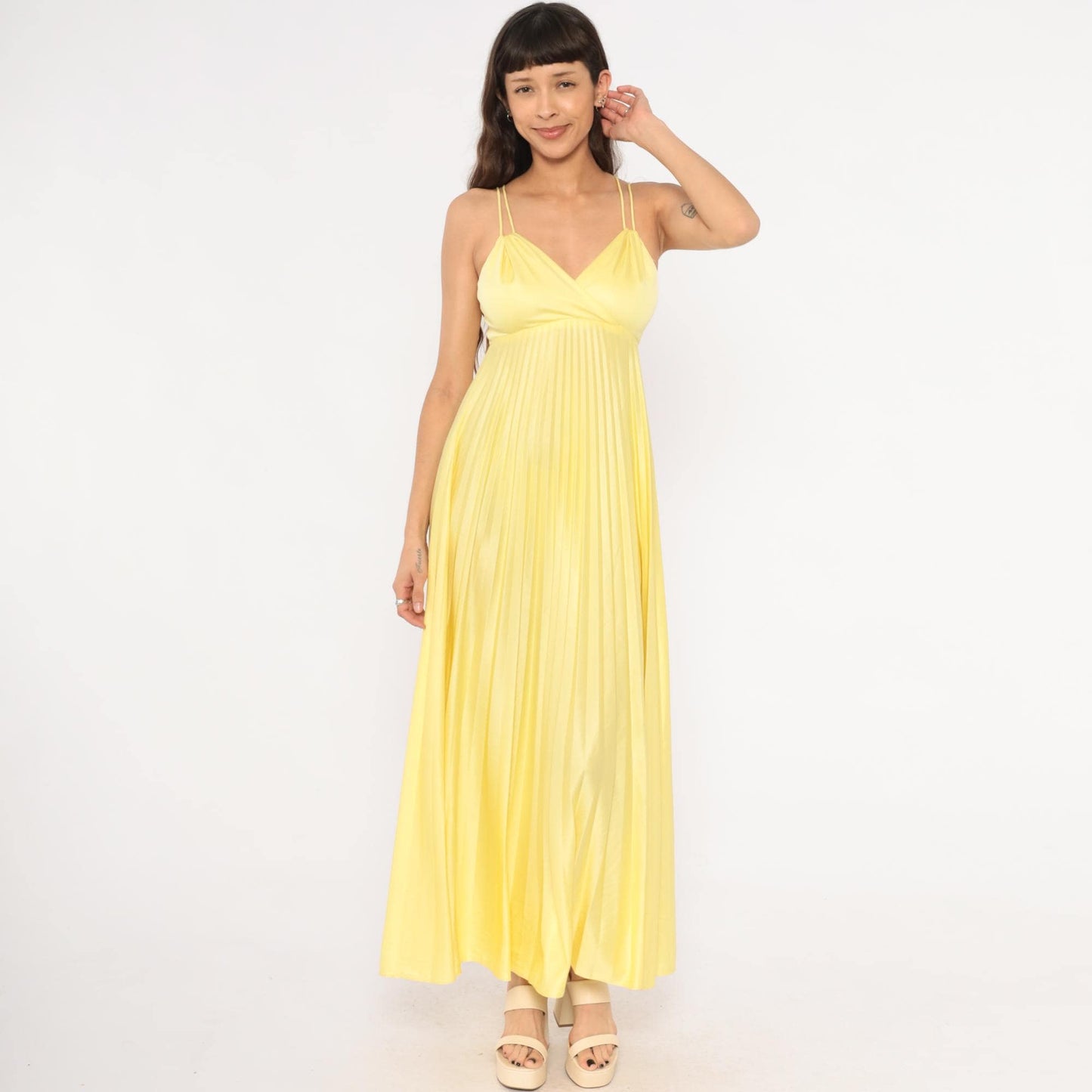 70s Yellow Pleated Maxi Dress Empire Waist Accordion Pleat Surplice Small