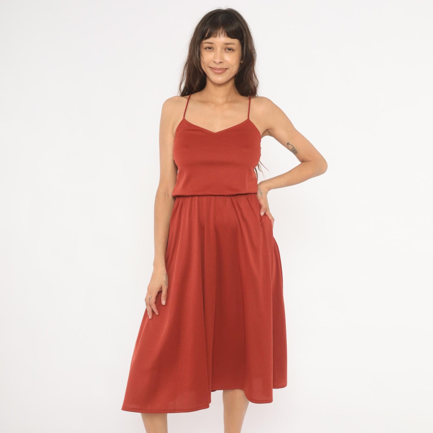 70s Niki Rust Midi Sundress V Neck Blouson Waist Flared Skirt Extra Small XS
