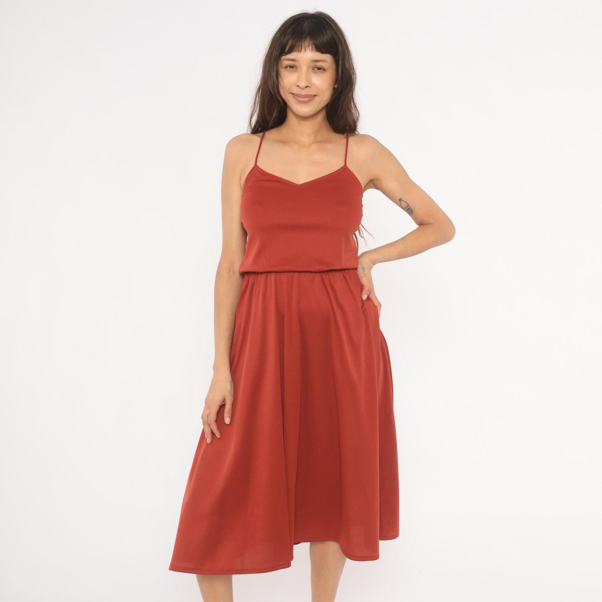 70s Niki Rust Midi Sundress V Neck Blouson Waist Flared Skirt Extra Small XS