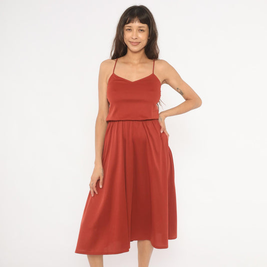 70s Niki Rust Midi Sundress V Neck Blouson Waist Flared Skirt Extra Small XS