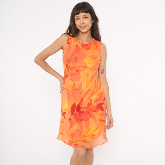 90s Jessica Howard Orange Floral Chiffon Shift Dress Medium M