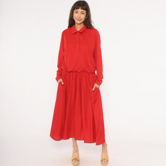 90s Positive Attitude Red Polo Dress Maxi Gathered Waist Long Sleeve Large L