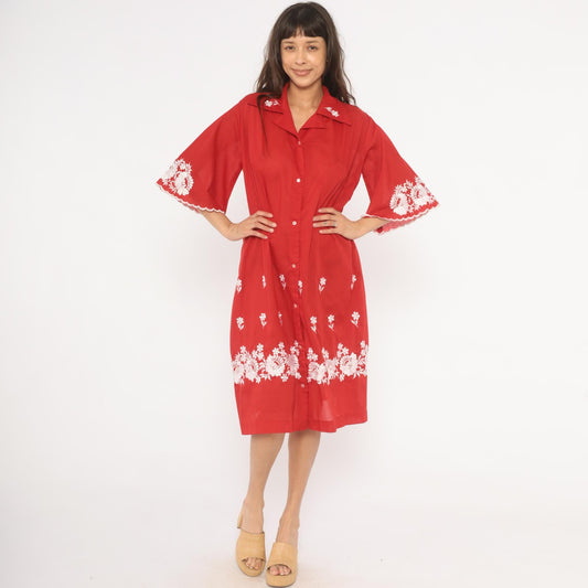 70s Red Floral Embroidered Shirt Dress White Cotton Button Front Knee Length Large L