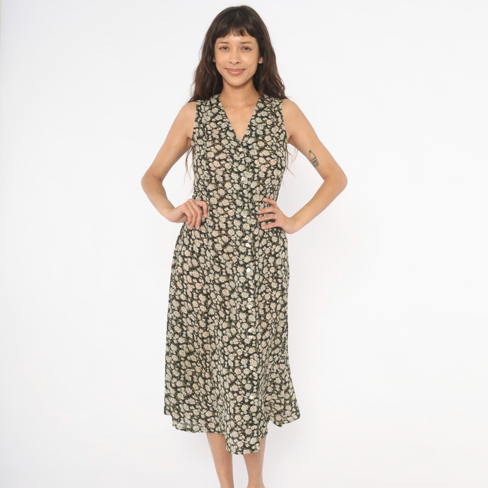 90s Express Floral Midi Dress V-Neck Black Cream Rose Print Size 9