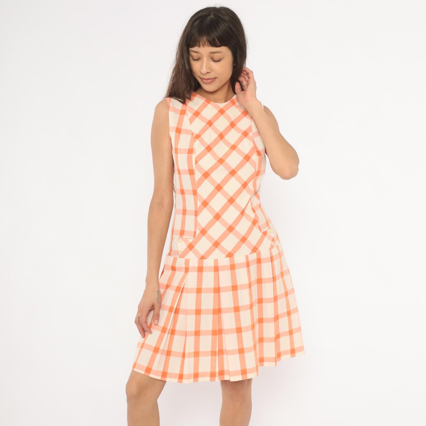 60s Orange Cream Gingham Drop Waist Dress Pleated Sleeveless Shift Small